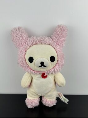 San-X RARE Rilakkuma Korilakkuma Bear Fuzzy Pink Bunny Rabbit Ears 9" Plush 2014